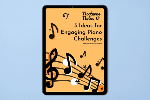 Top down view of a desk with a white ipad displaying the e-book of "3 ideas for engaging piano challenges" from nocturne notes.