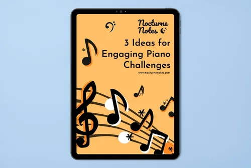 freebie-3challenges Top down view of a desk with a white iPad displaying the e-book of "3 Ideas for Engaging Piano Challenges" from Nocturne Notes.