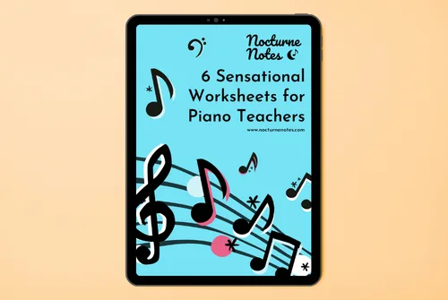 freebie-6sensational E-book cover for the 6 Sensational Worksheets for Piano Teachers e-book by Nocturne Notes.
