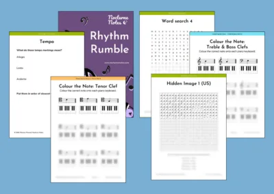 music theory games, note reading and fun worksheets